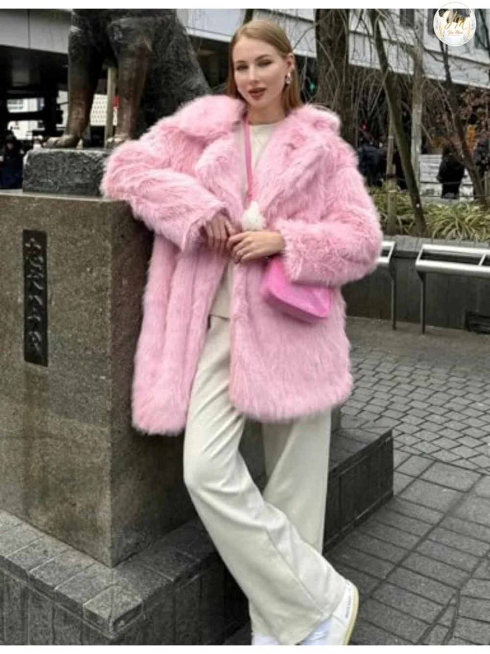Womens Faux Fur Coat Mid Length Warm Winter Fluffy Jacket Shawl Collar